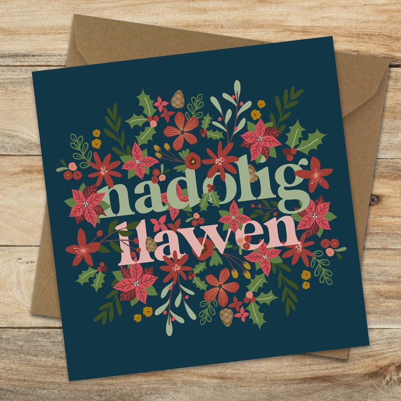 Navy Nadolig bouquet welsh christmas card