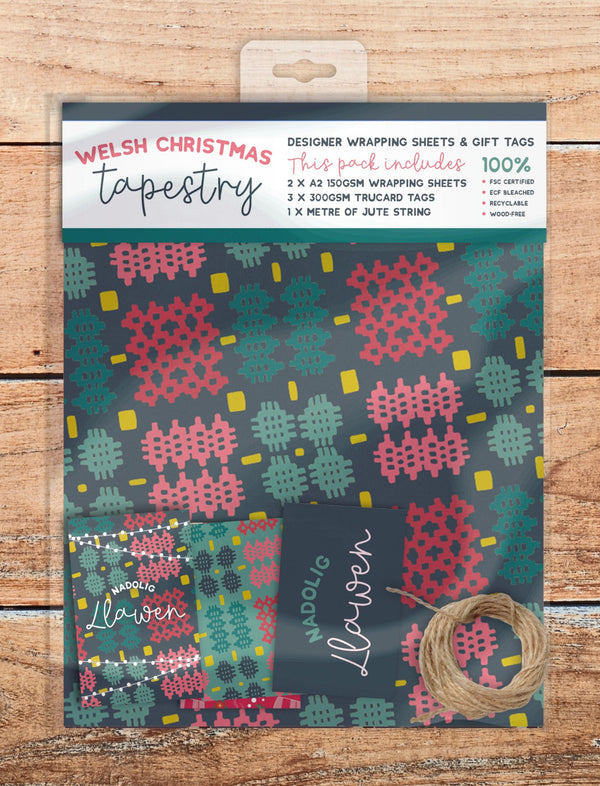 Welsh Christmas Tapestry Designer Wrapping Paper Sheets and Tags
